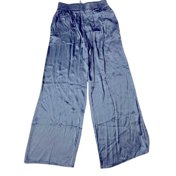 Revolve Krisa wide leg satiny blue pants pull on comfortable flowy pockets sz L - Picture 2 of 6